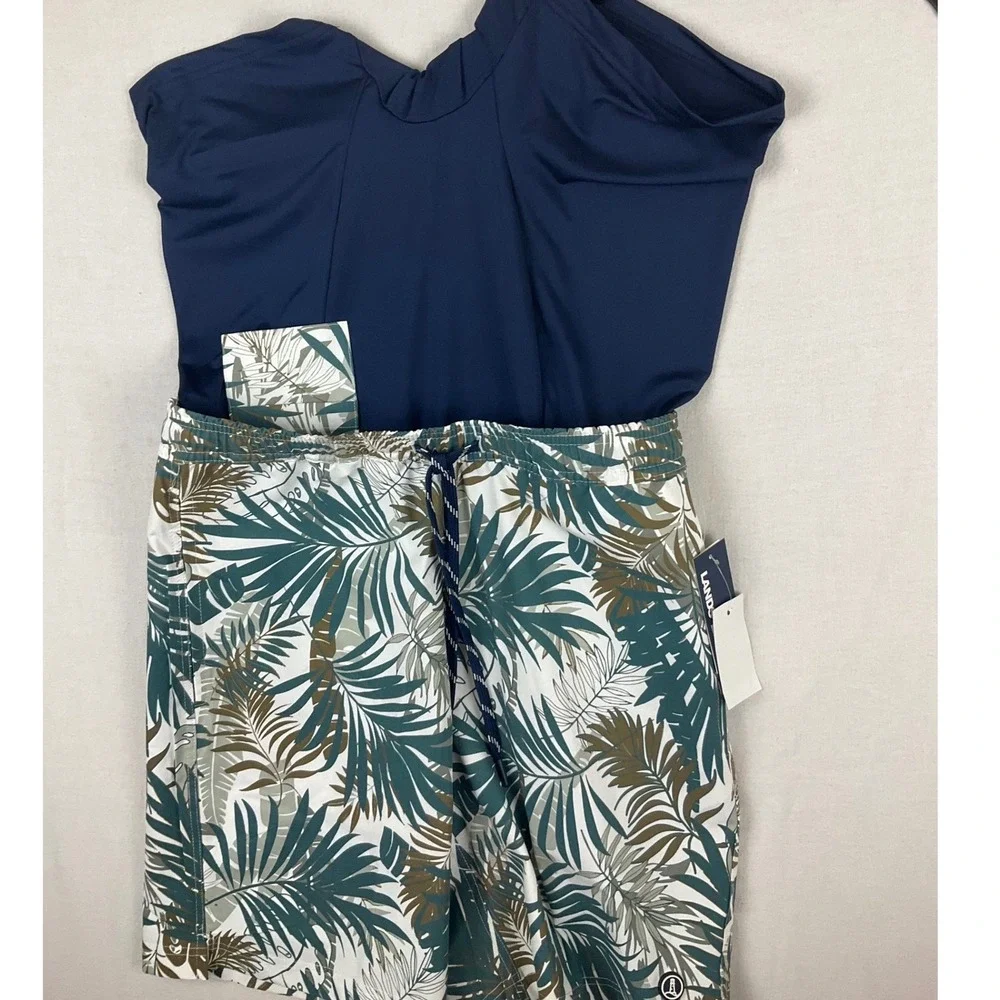 Lands End Mens Green Tropical Palm Leaf Swim Trunks UPF 50 Hydro Liner Small NEW